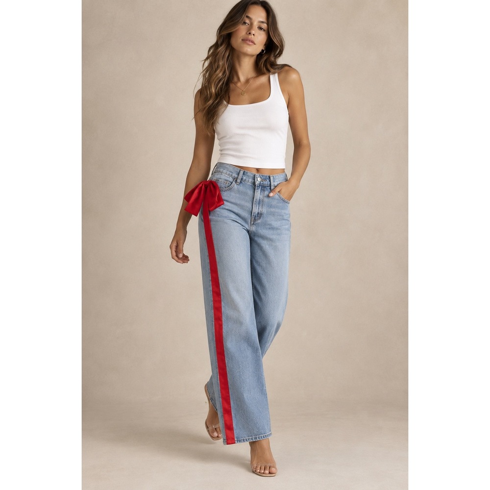 Micas Wide Leg Jeans Light Wash Denim Red Bow Side Stripe Women Size S NEW